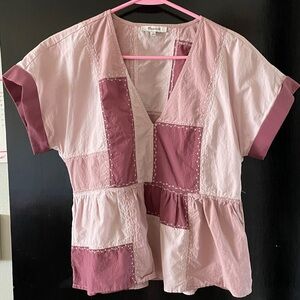 Madewell Pink Boxy Asymmetrical Blouse with Cuffed Sleeves